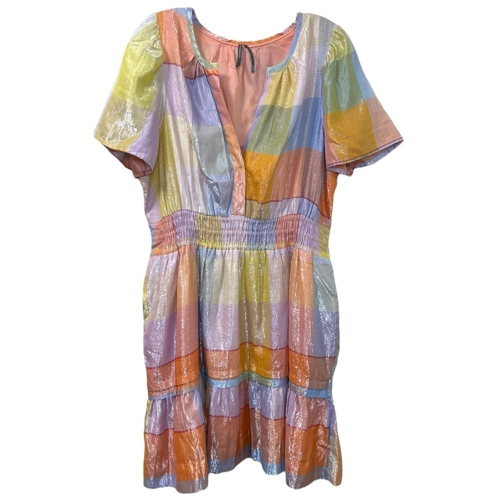 Anthropologie, Women’s ‘Somerset’ Mini Dress Metallic Plaid Pastel, Orange Large - Picture 3 of 16